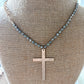 Grey Beaded Cross Necklace + Earrings Set