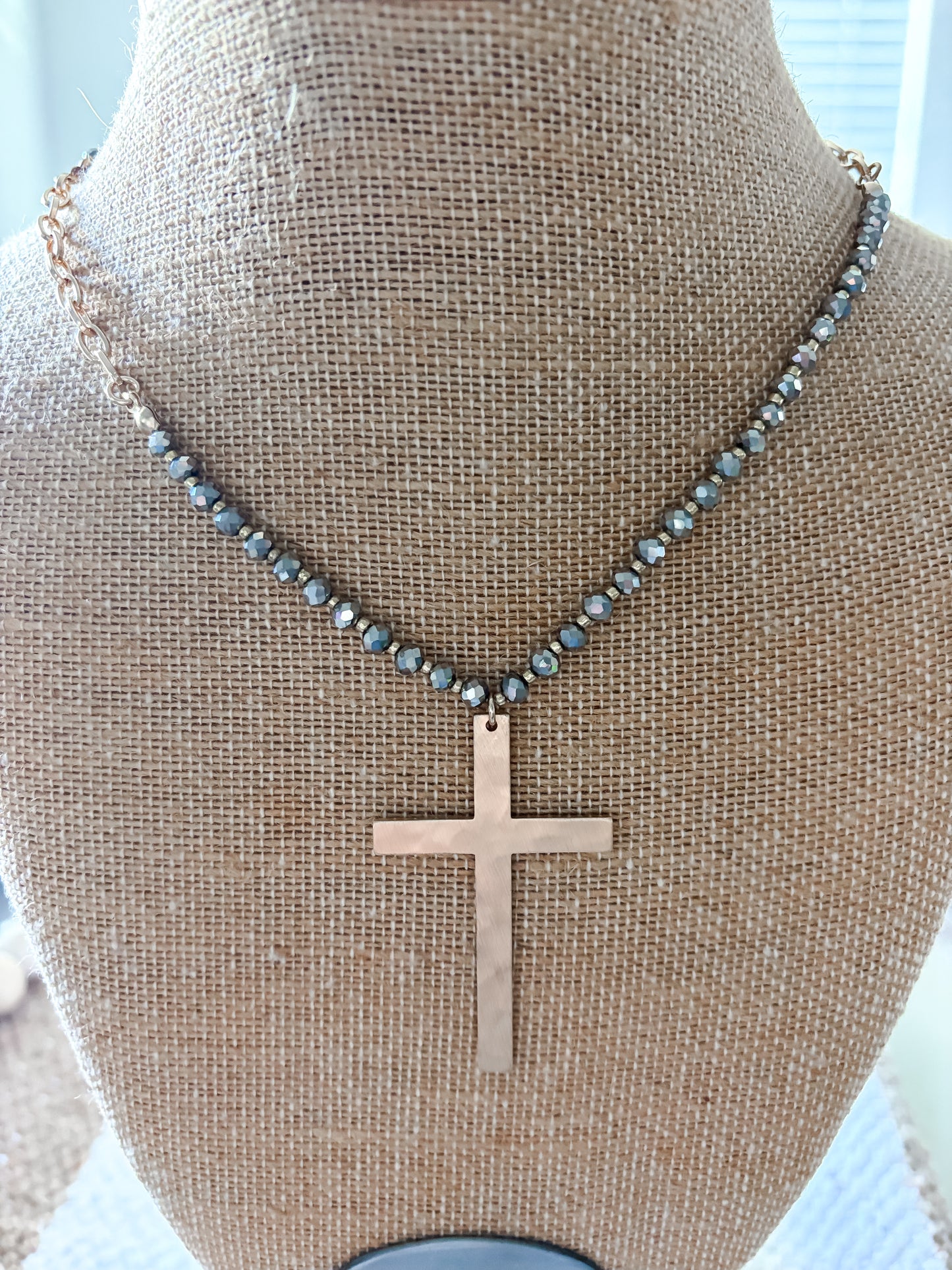 Grey Beaded Cross Necklace + Earrings Set