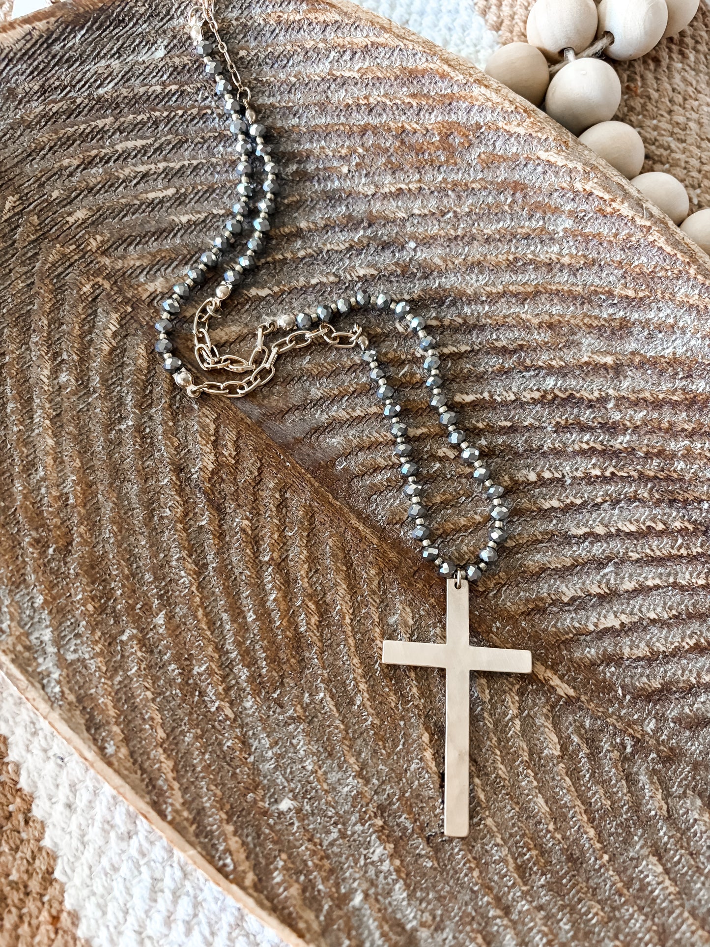 Grey Beaded Cross Necklace + Earrings Set