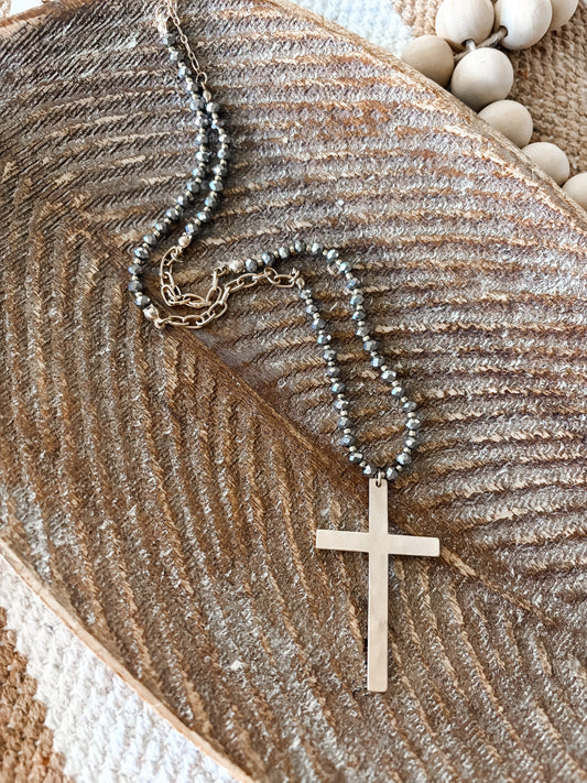Grey Beaded Cross Necklace + Earrings Set
