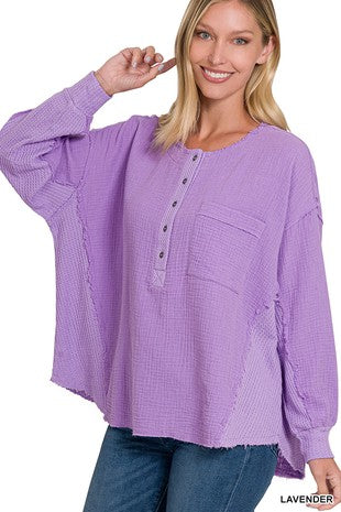 Lavender Linen Waffleknit Oversized Button Top