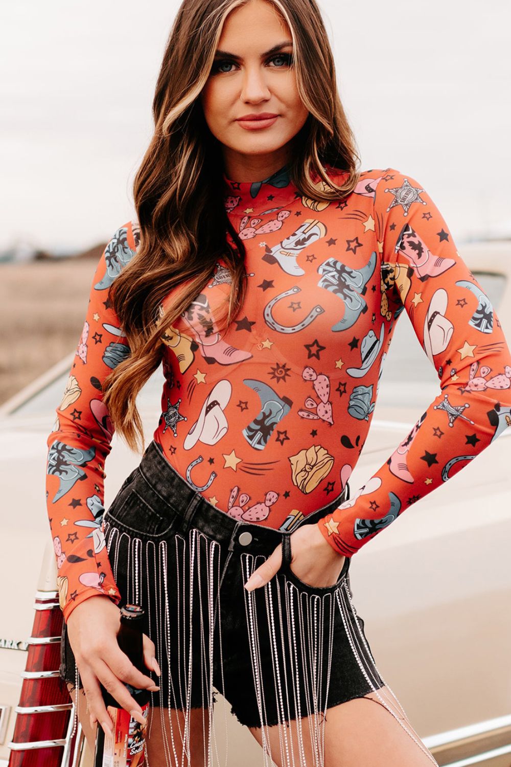 Country Cowgirl Sheer Long Sleeve Bodysuit