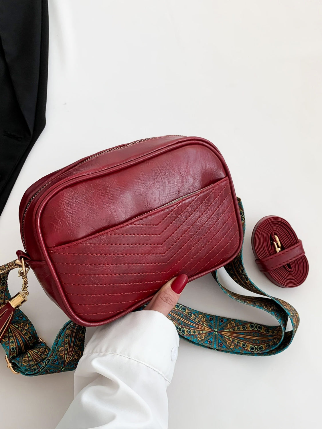Tassel Faux Leather Printed Strap Crossbody Bag