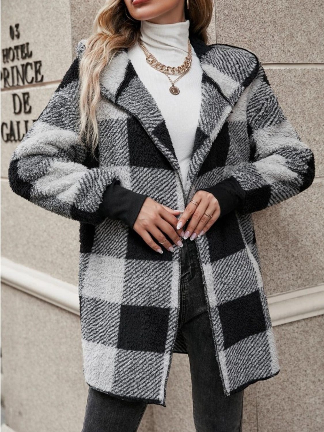 Plaid Hooded Sherpa Teddy Jacket