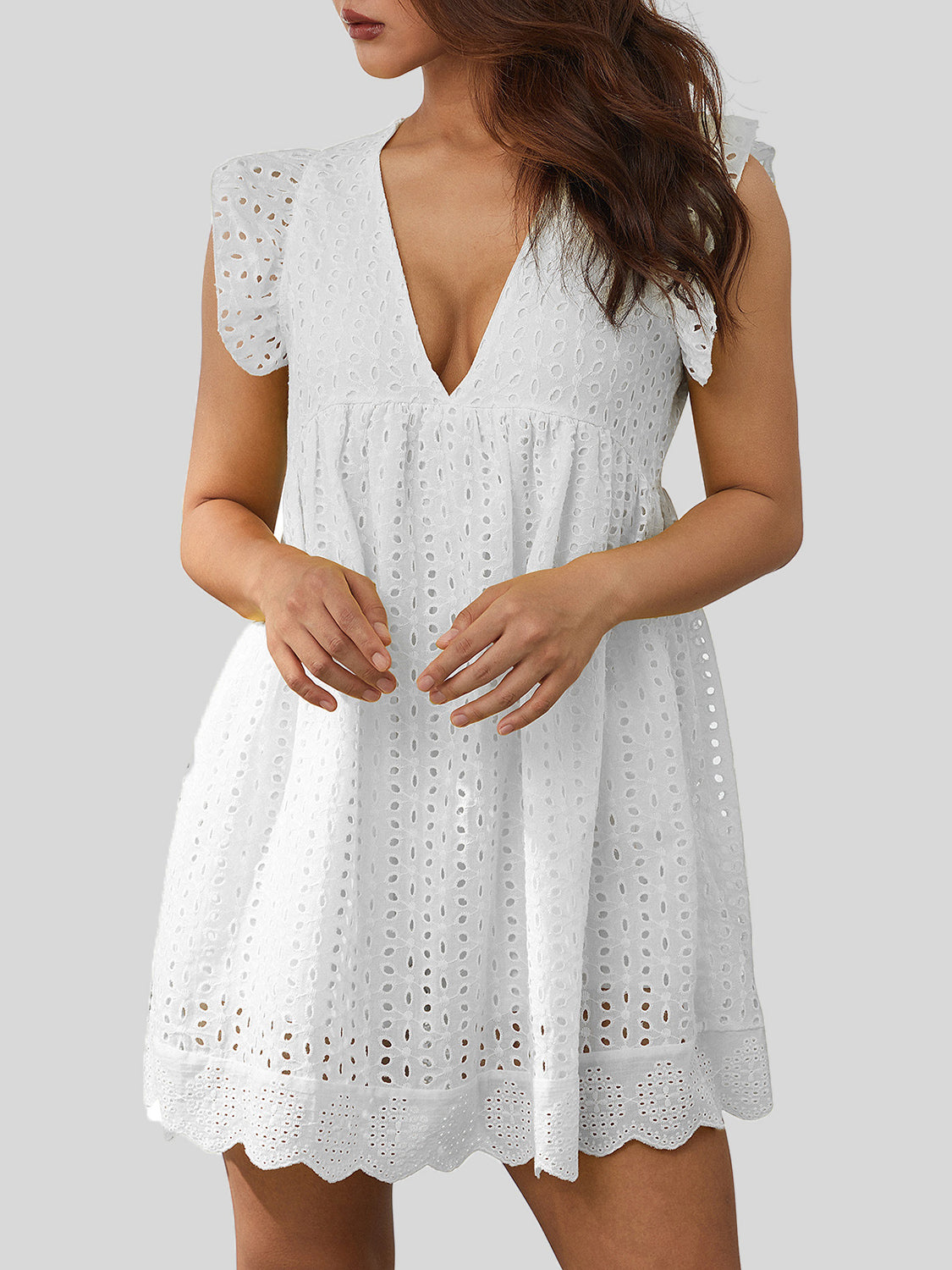 *App Exclusive* Ruffled Eyelet Deep V Dress