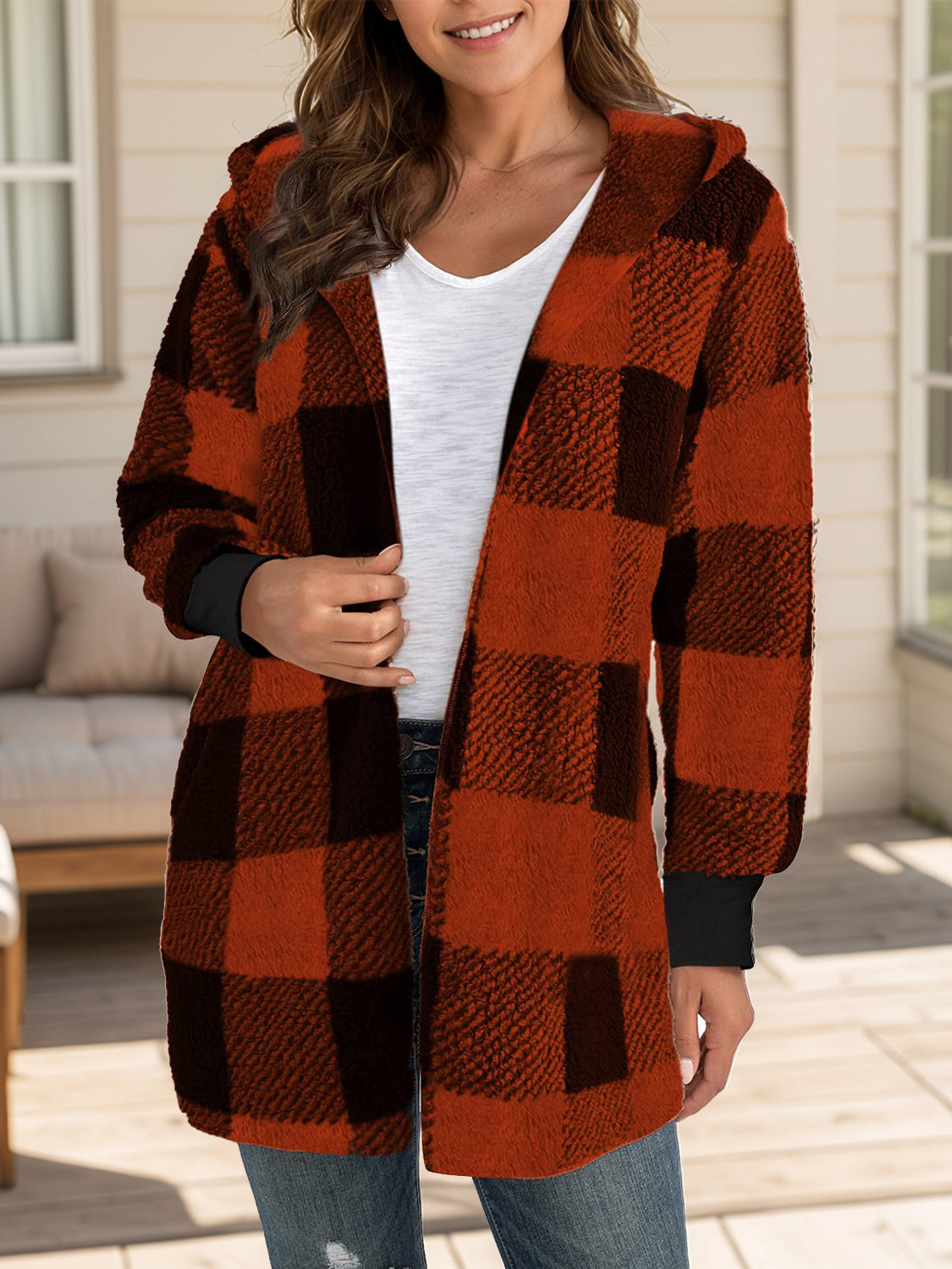 Plaid Hooded Sherpa Teddy Jacket