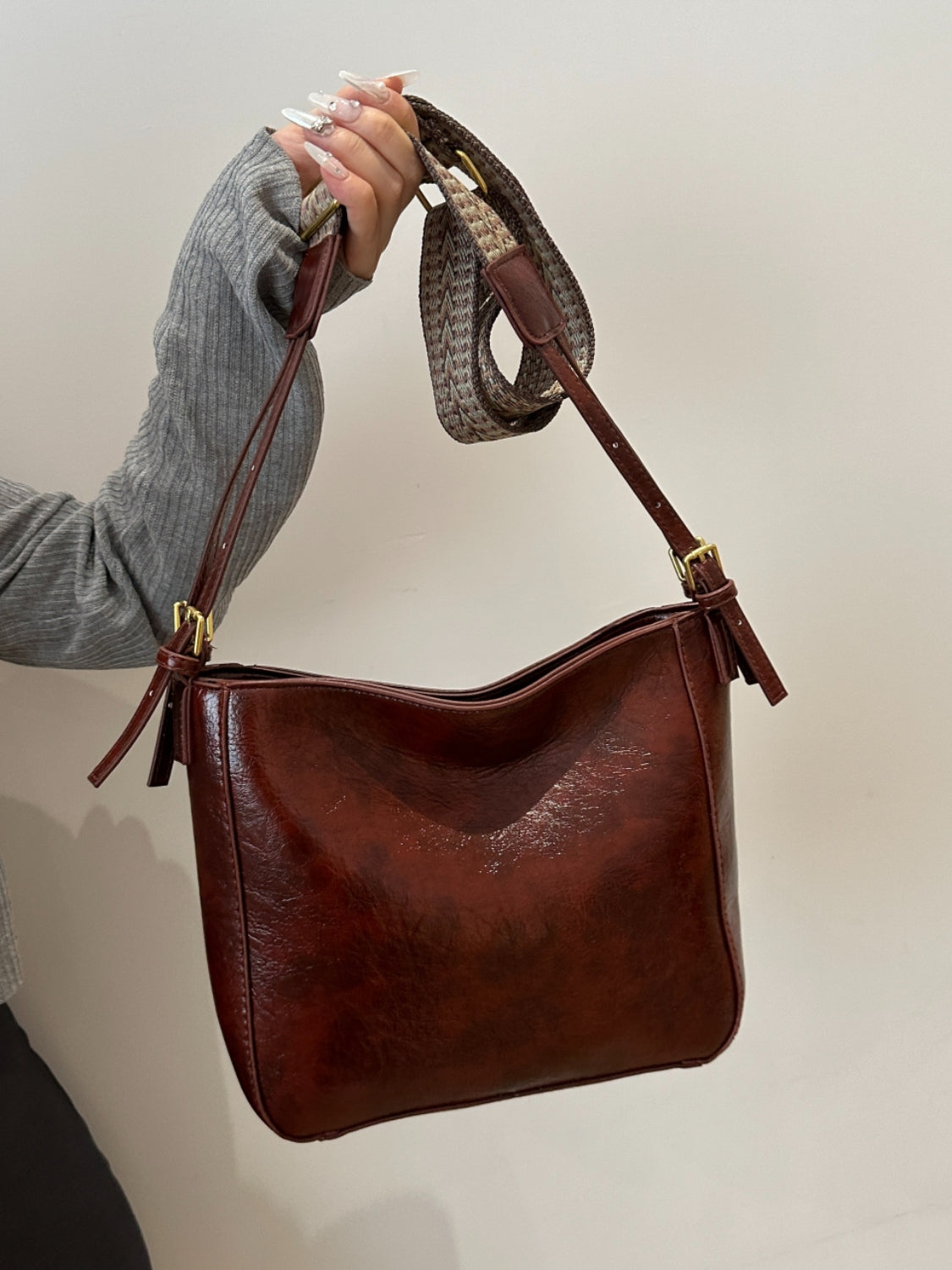 Faux Leather Adjustable Strap Crossbody Bag with Wallet