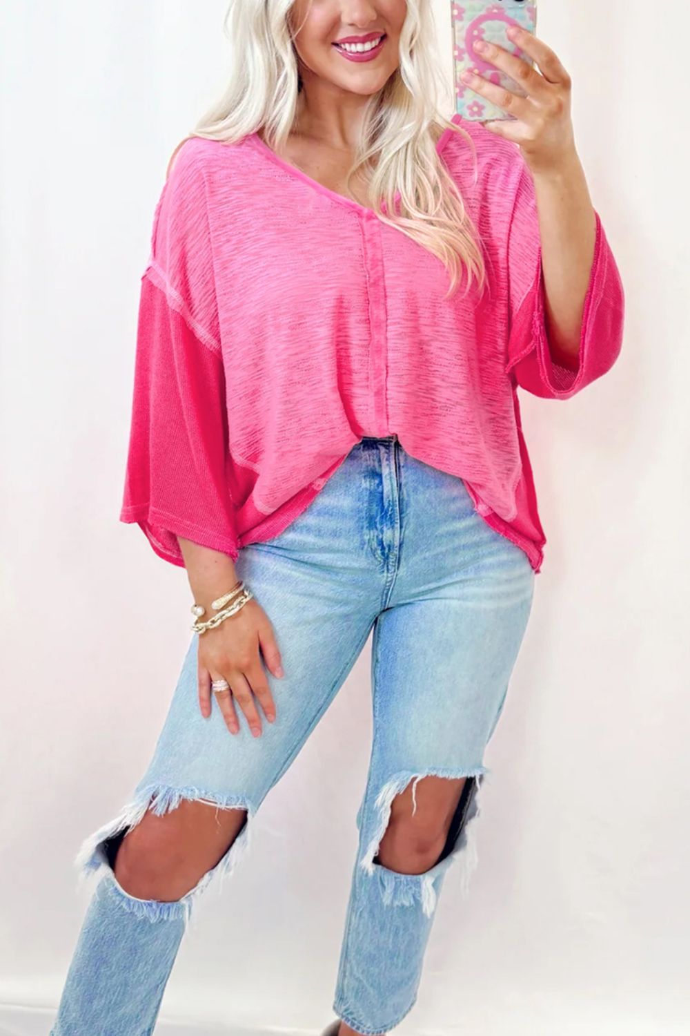 Exposed Seam Vneck Three-Quarter Sleeve Blouse