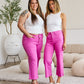 Pink Cropped Tummy Control High Waist Raw Hem Jeans