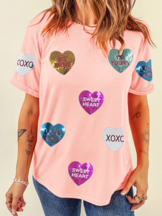 Valentines Day Sequin Heart Short Sleeve T-Shirt
