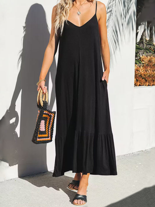 Vneck Ruffled Hem Midi Cami Dress