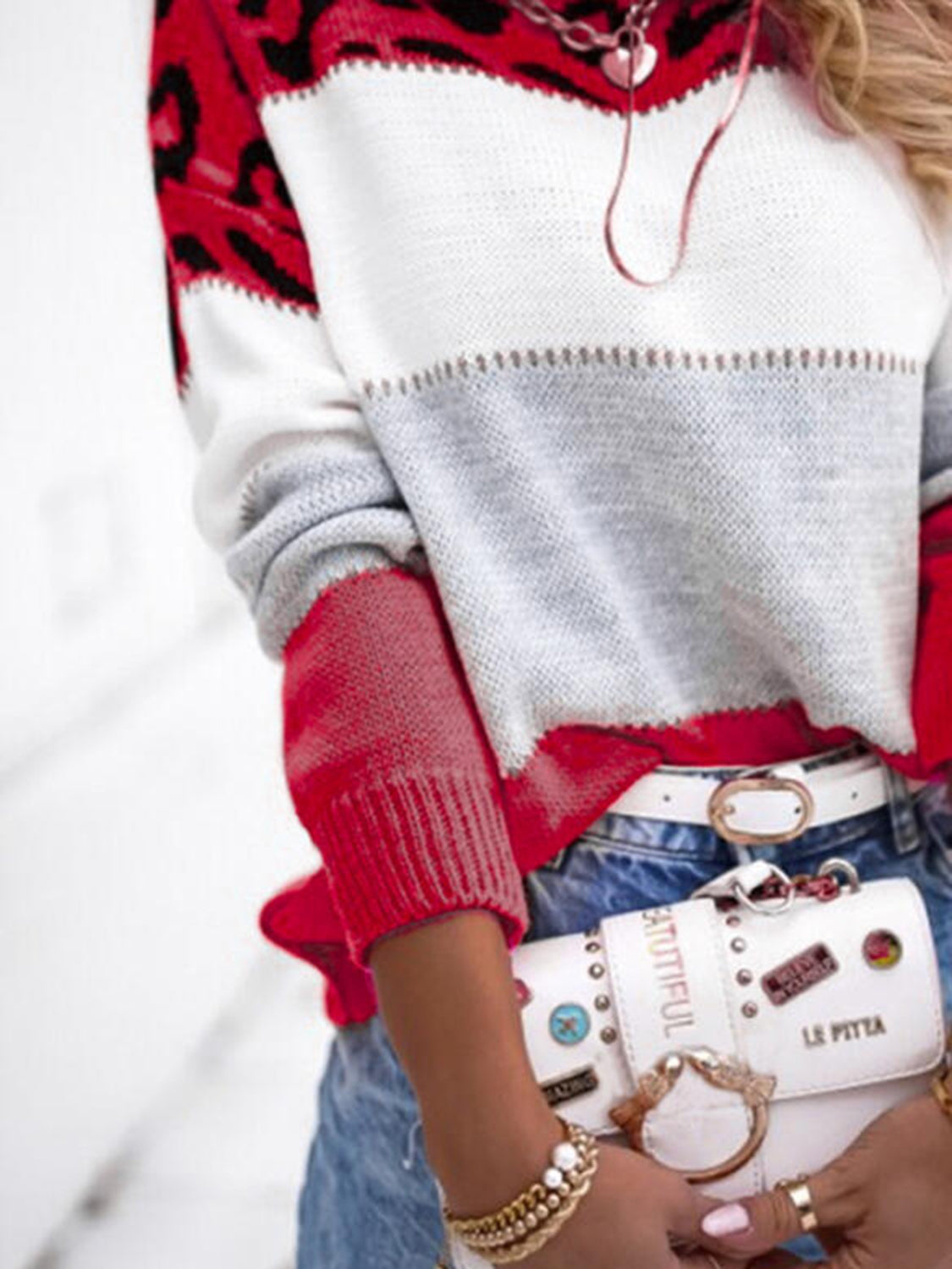 Leopard Colorblock Round Neck Long Sleeve Sweater