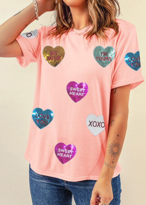 Valentines Day Sequin Heart Short Sleeve T-Shirt