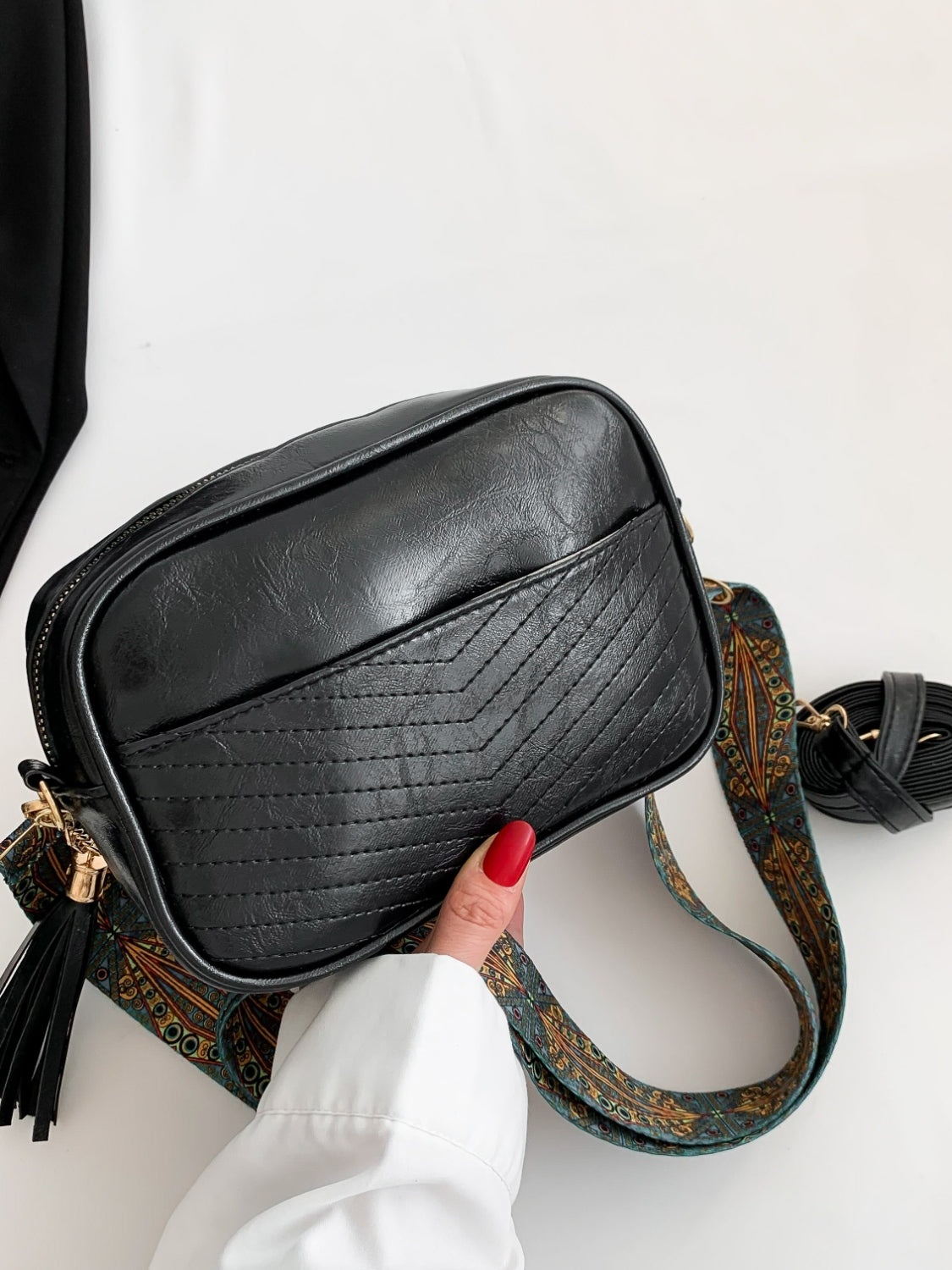 Tassel Faux Leather Printed Strap Crossbody Bag