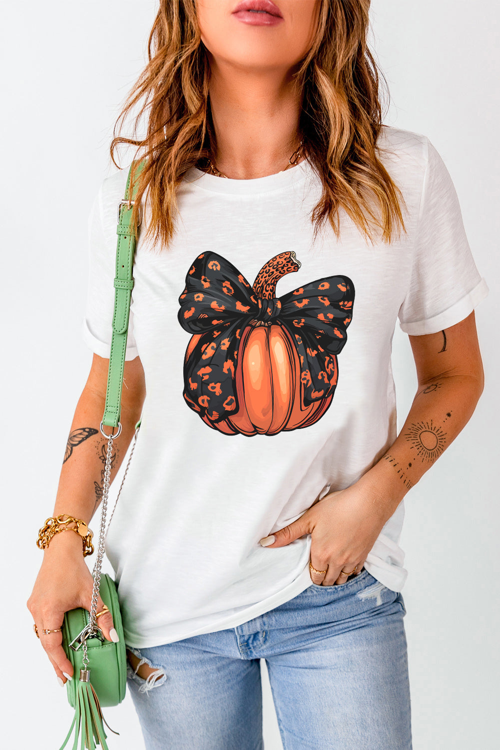 Pumpkin Halloween Leopard Bow T-Shirt