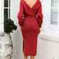 Wrap Bow Waist Slit Sweater Dress