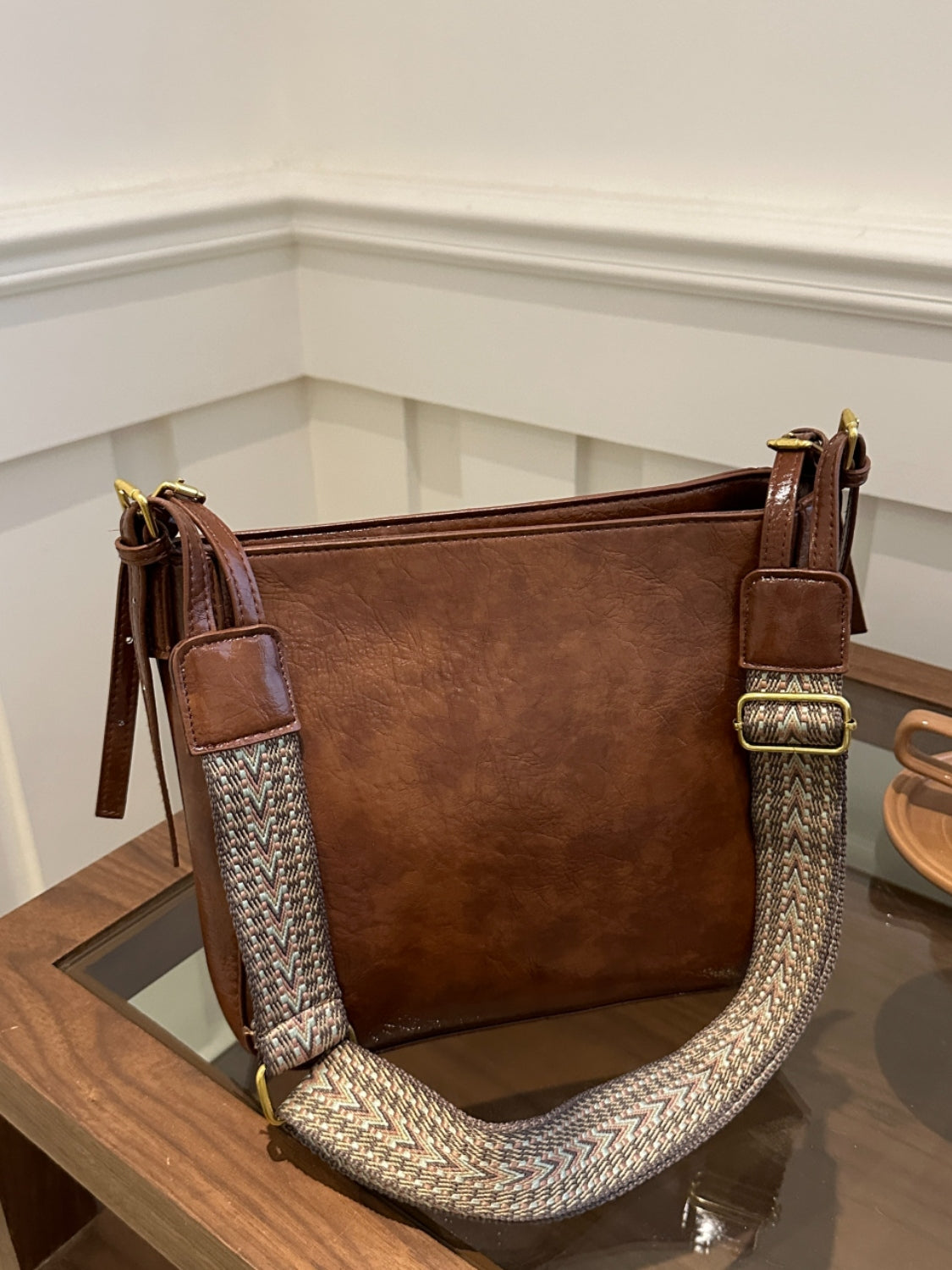 Faux Leather Adjustable Strap Crossbody Bag with Wallet