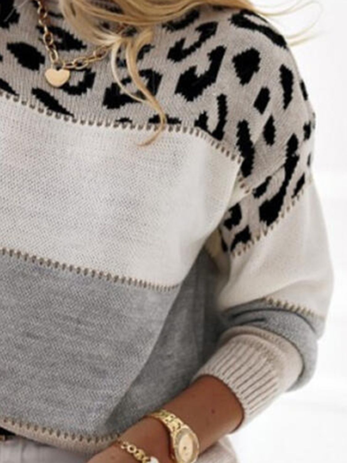 Leopard Colorblock Round Neck Long Sleeve Sweater