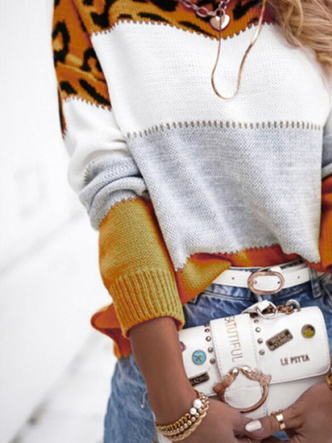 Leopard Colorblock Round Neck Long Sleeve Sweater