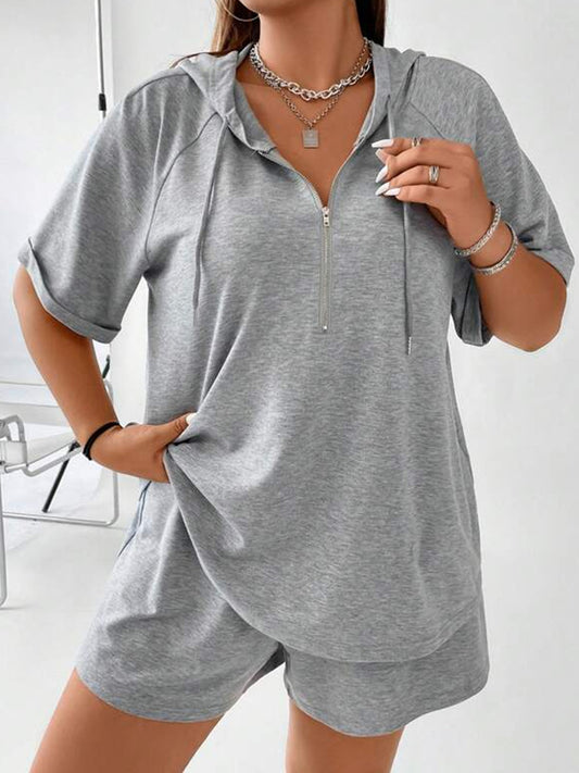 Drawstring Half Zip Hooded Top and Shorts Set