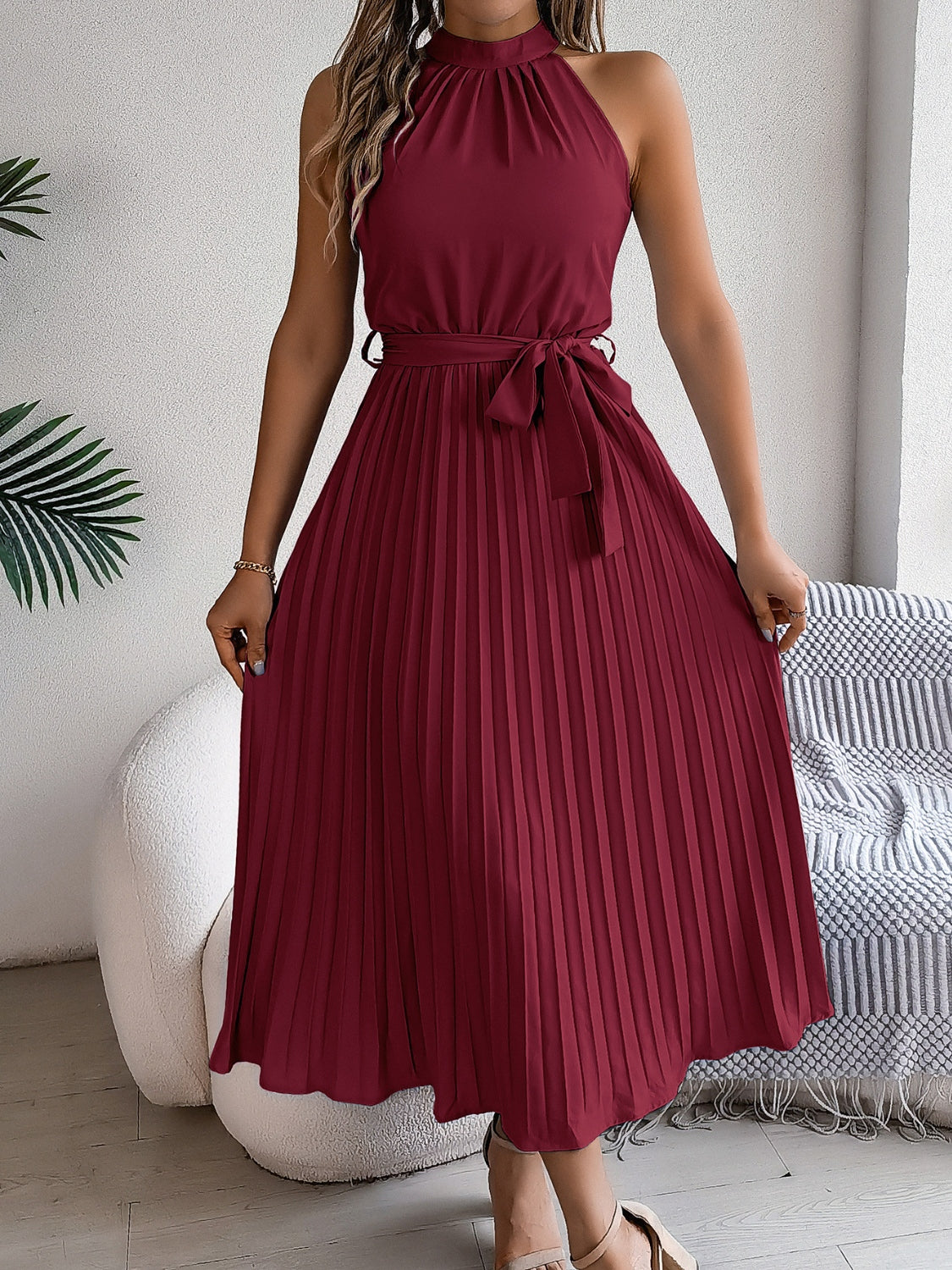 Halter Pleated Tie Waist Sleeveless Midi Dress