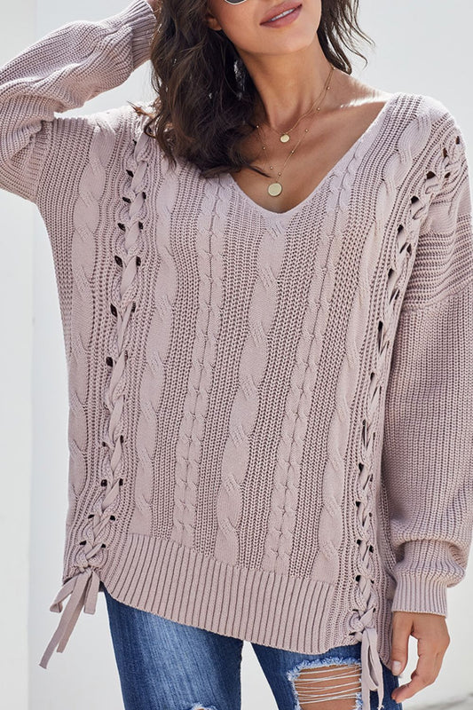 Cable Knit Lace Up Vneck Sweater