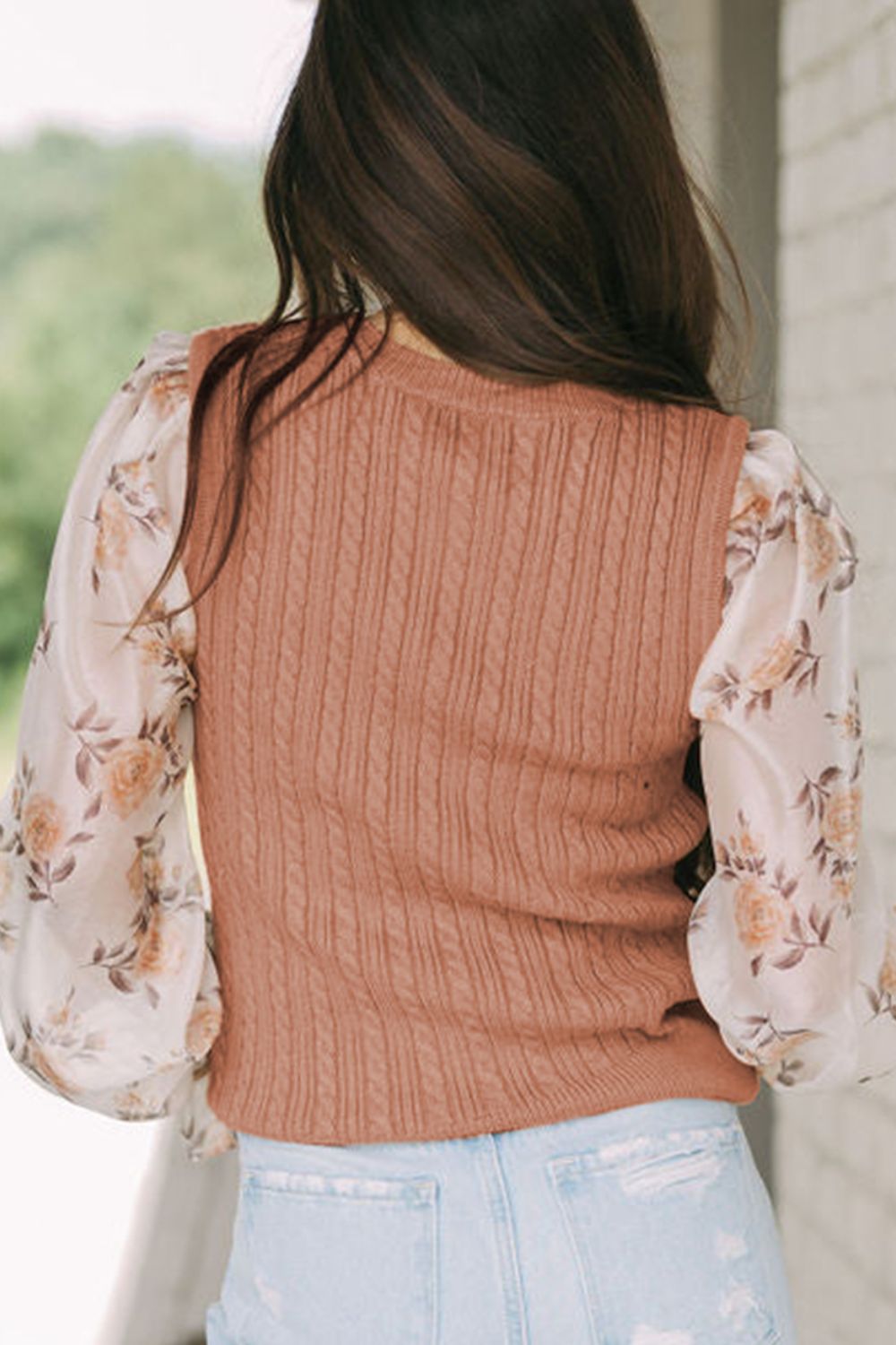 Cable Knit Floral Flounce Sleeve Sweater