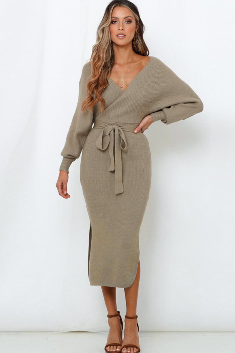 Wrap Bow Waist Slit Sweater Dress