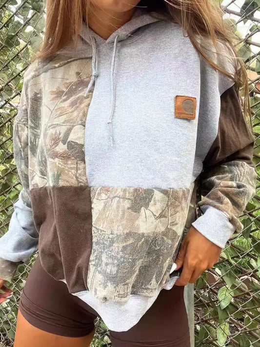 Camo Hunting Drawstring Patchwork Long Sleeve Hoodie