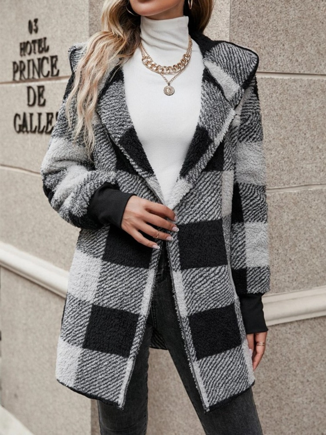 Plaid Hooded Sherpa Teddy Jacket