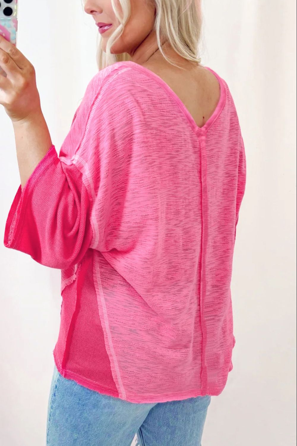 Exposed Seam Vneck Three-Quarter Sleeve Blouse