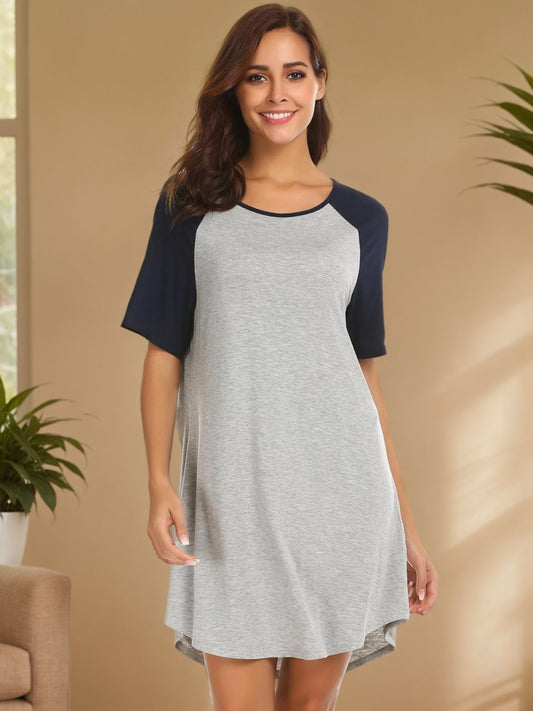Round Neck Short Sleeve Contrast Sleep Shirt