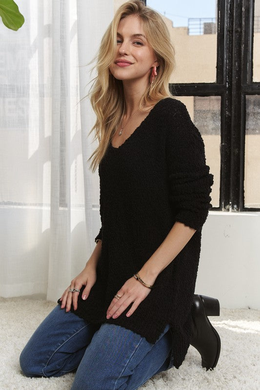 High-Low Side Slit Vneck Sweater