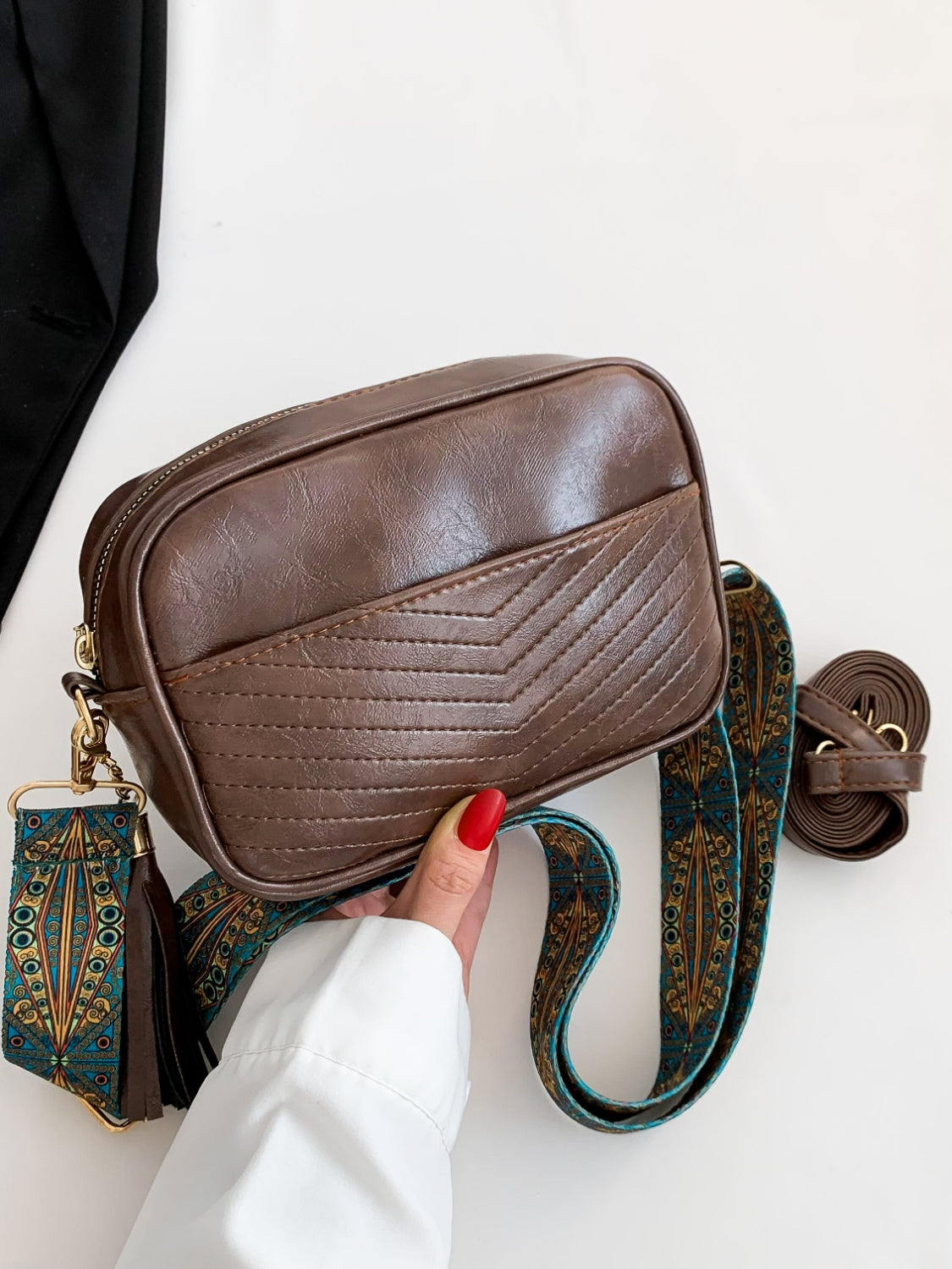 Tassel Faux Leather Printed Strap Crossbody Bag