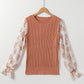 Cable Knit Floral Flounce Sleeve Sweater