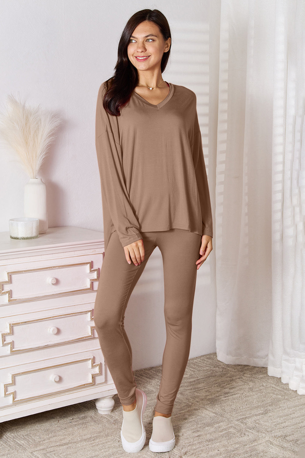 Oversized Vneck Soft Rayon Long Sleeve Top and Leggings Set