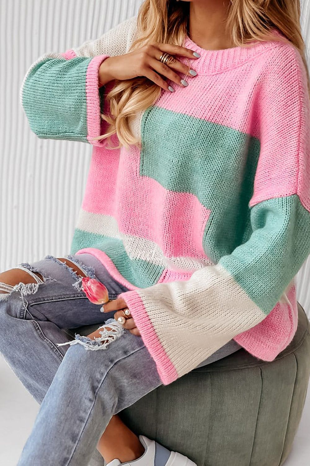 Colorblock Round Neck Drop Shoulder Sweater