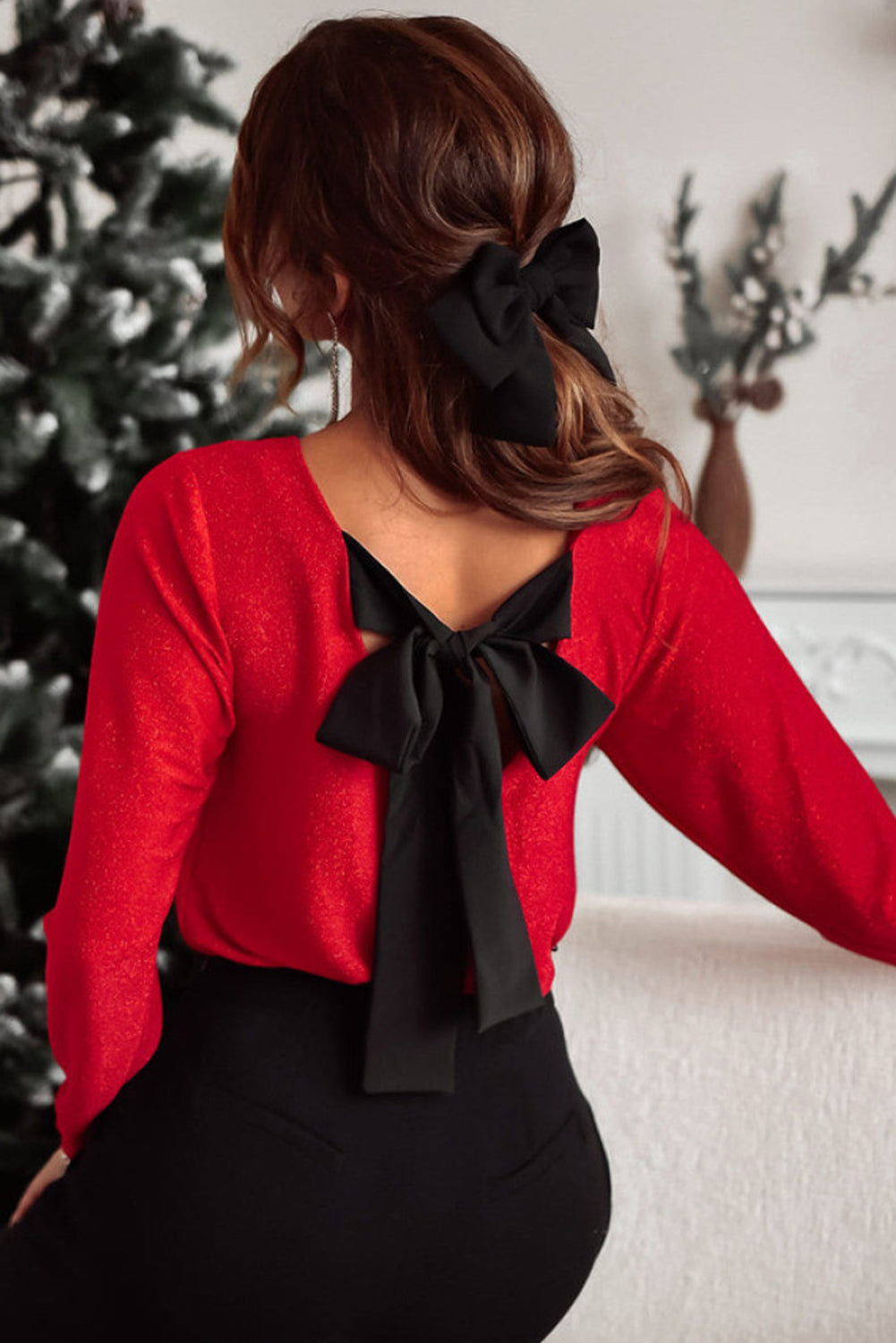 Bowknot Vneck Long Sleeve Blouse