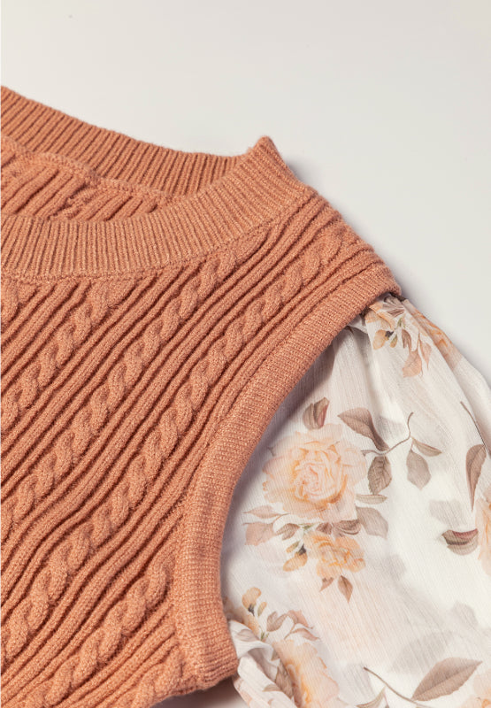 Cable Knit Floral Flounce Sleeve Sweater
