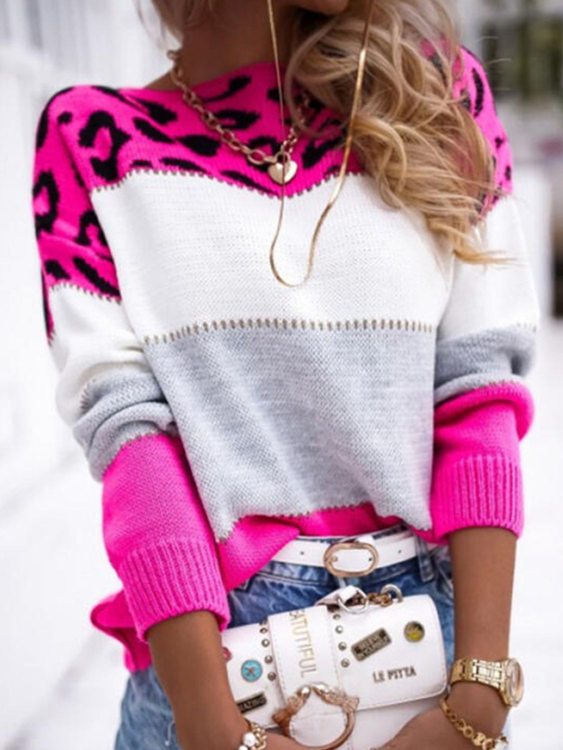 Leopard Colorblock Round Neck Long Sleeve Sweater