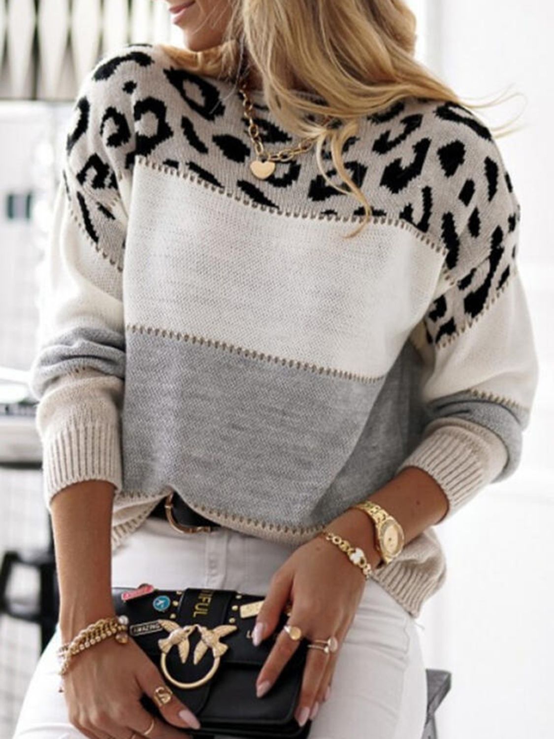 Leopard Colorblock Round Neck Long Sleeve Sweater