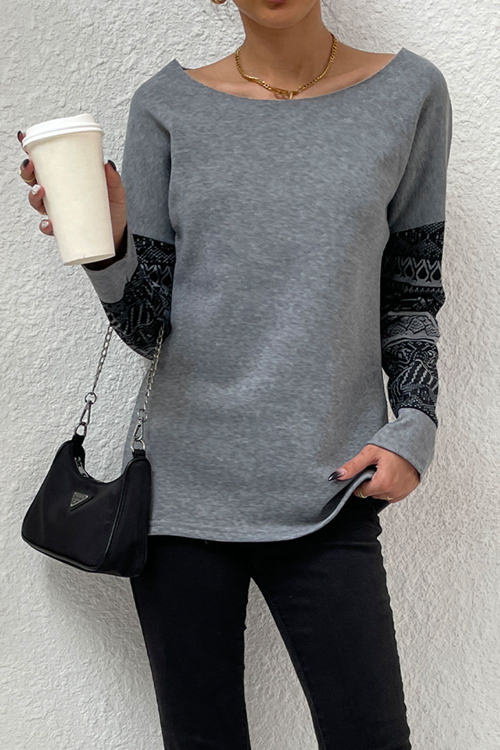 * APP EXCLUSIVE* Boat Neck Long Printed Sleeve Blouse