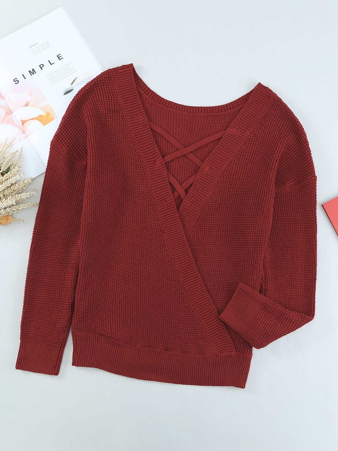 *App Exclusive* Crisscross Open Back Waffleknit Sweater