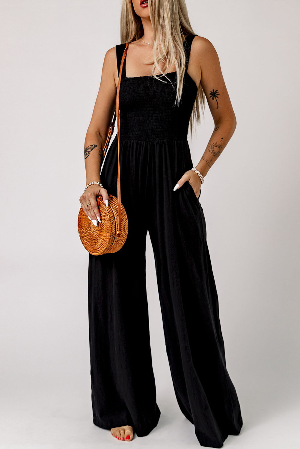 *APP EXCLUSIVE* Smocked Square Neck Wide Leg Jumpsuit with Pockets