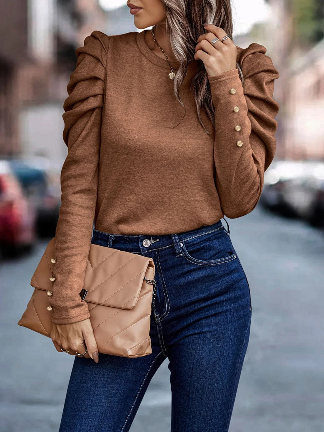 *APP EXCLUSIVE* Decorative Button Puff Sleeve T-Shirt