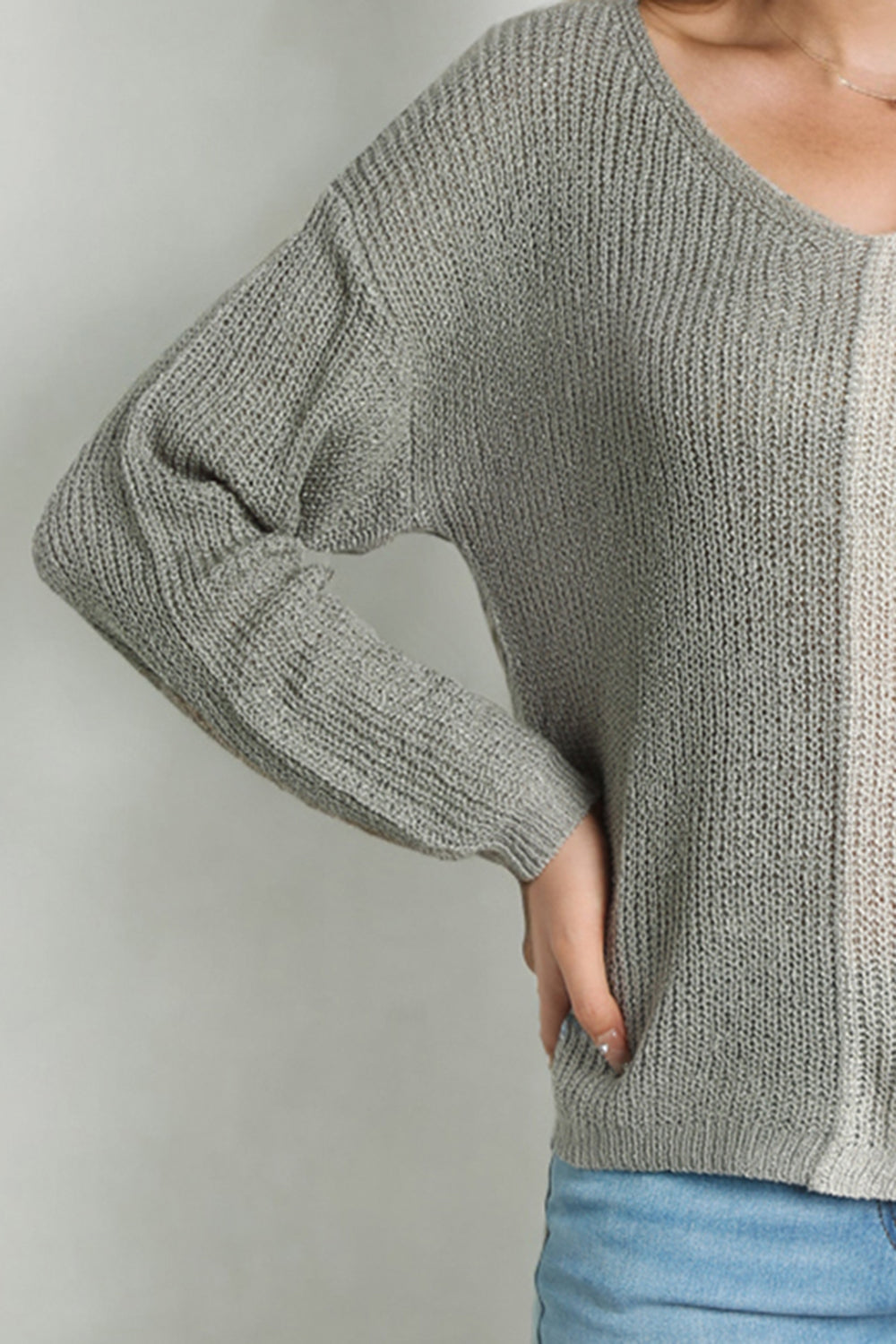 Pink Colorblock Vneck Long Sleeve Pullover Sweater