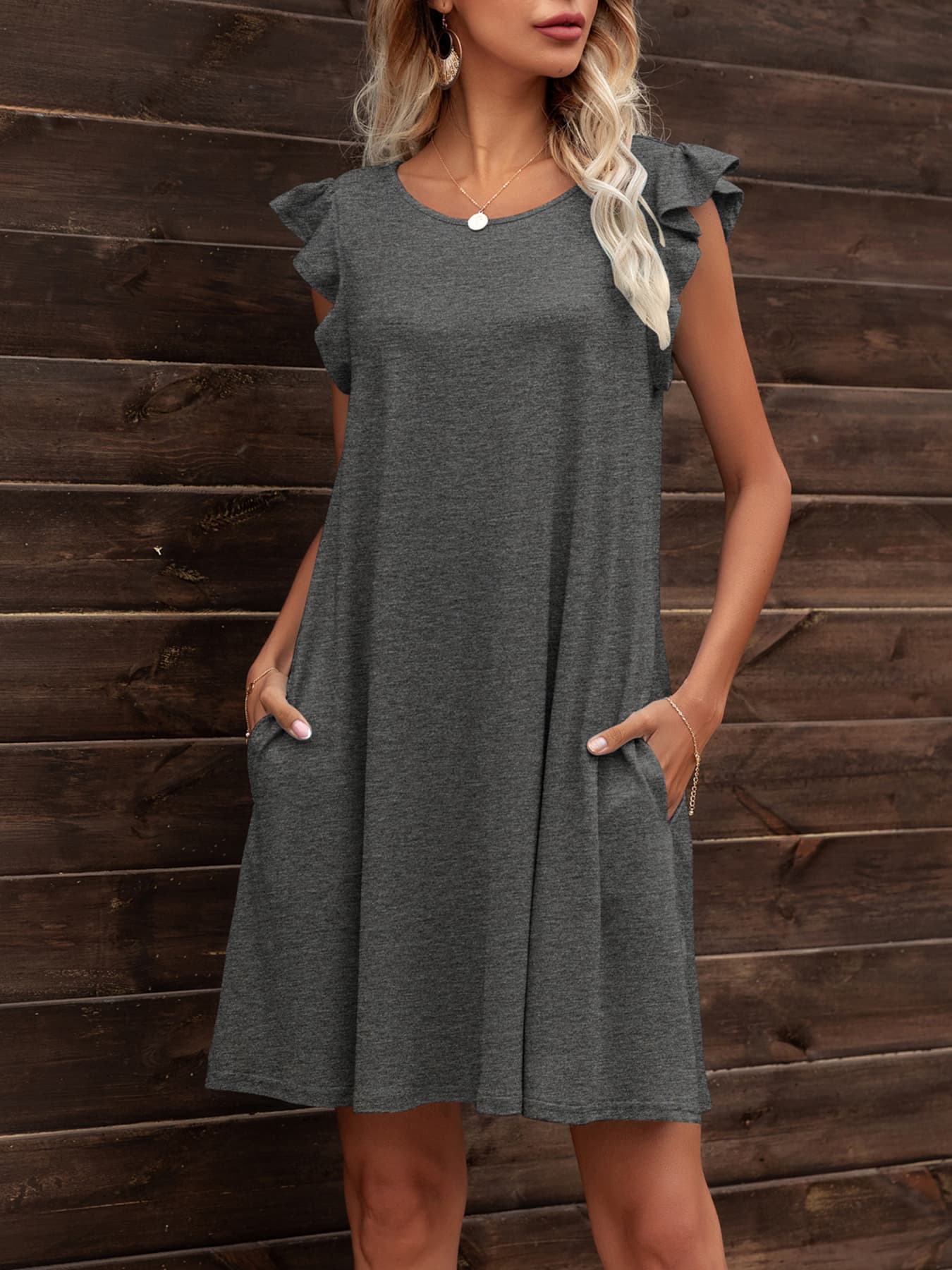 *APP EXCLUSIVE* Round Neck Flutter Sleeve Dress with Pockets
