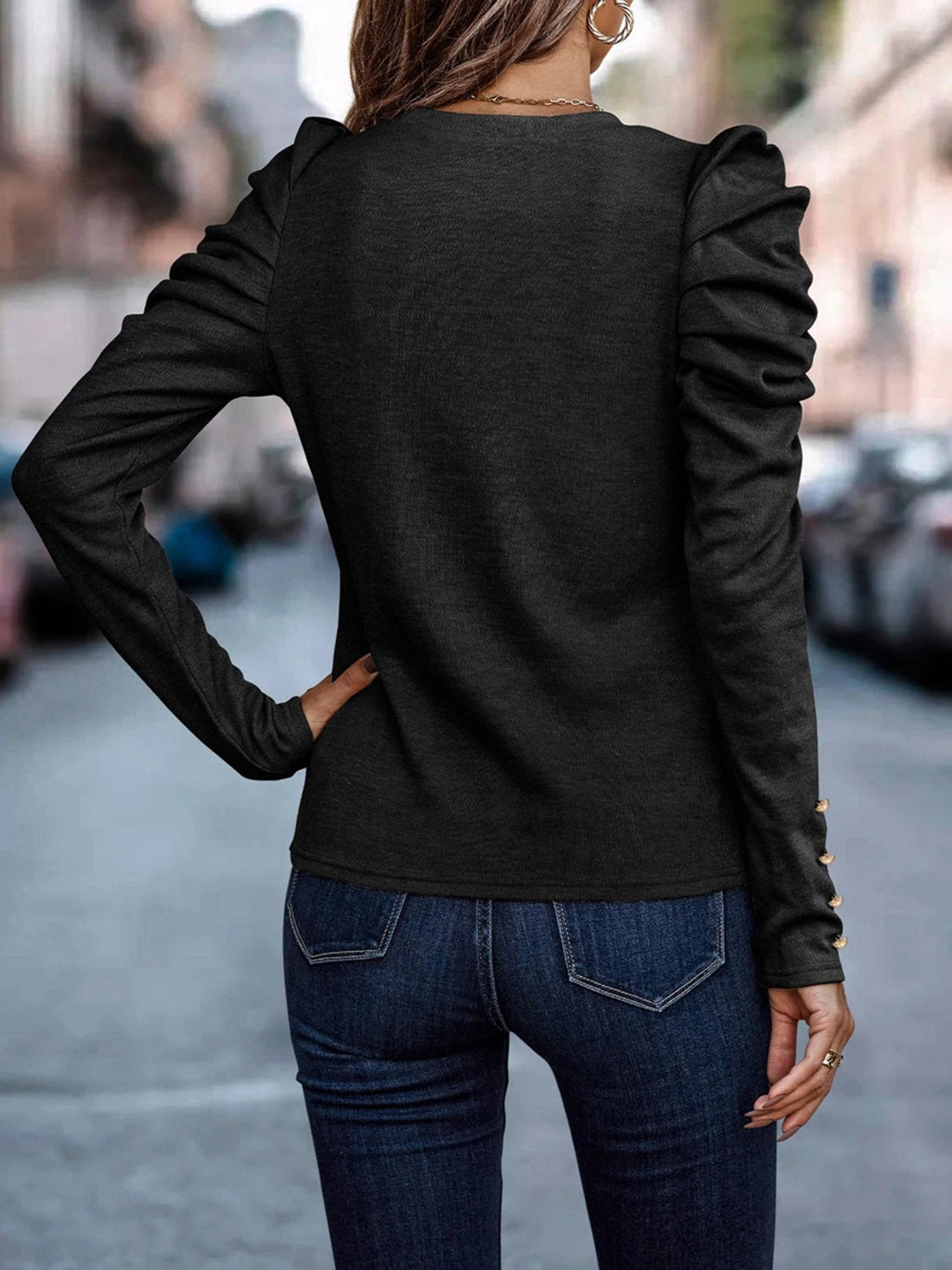 *APP EXCLUSIVE* Decorative Button Puff Sleeve T-Shirt