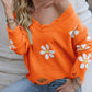 *App Exclusive* Flower Distressed Ribbed Trim Sweater