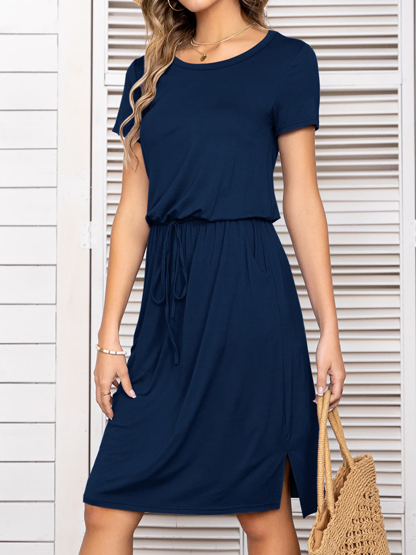 *APP EXCLUSIVE* Round Neck Short Sleeve Slit Dress with Pockets